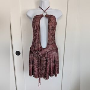 Plum Halter Mini Dress with Front Keyhole and Tie Waist